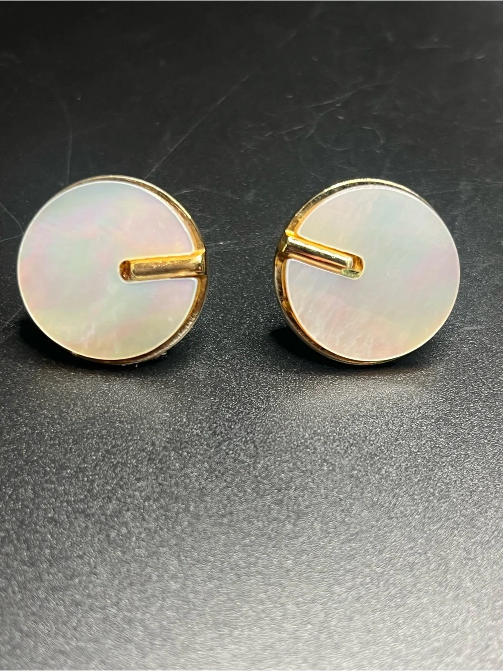Vintage Gold Tone Mother of Pearl Round Cufflinks Mid Century Men’s Formal